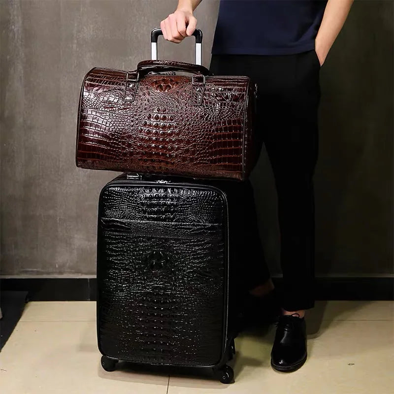Travel in style with this Exclusive HollandLuxeGlobal.com Premium Collectors’ Item. Handcrafted from 100% genuine head-layer cowhide leather with a refined crocodile pattern finish, this luxury set blends durability, sophis