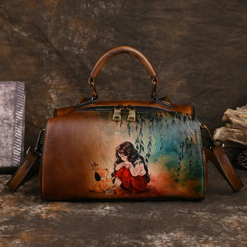 2025 Retro Hand-Drawn Leather Women’s Shoulder Bag – Luxury Designer Handcrafted Vintage Tote for Elegant Ladies | HollandLuxeGlobal.com Exclusive Collector’s Item