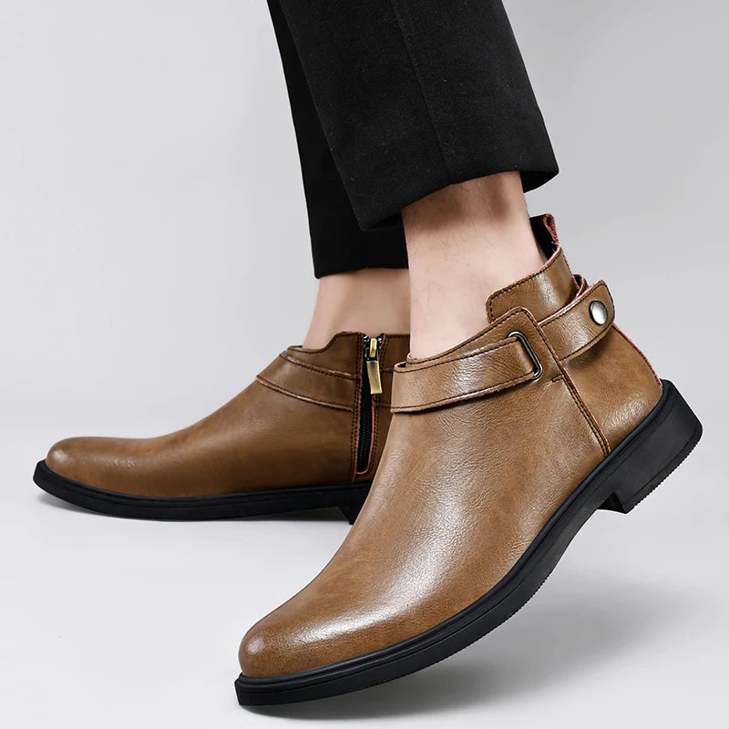 Italian Men’s Classic Genuine Leather Ankle Boots | Luxury High-Top Designer Fashion Boots with Anti-Skid Sole for Outdoor & Casual Wear | HollandLuxeGlobal.com Exclusive Collector’s Item