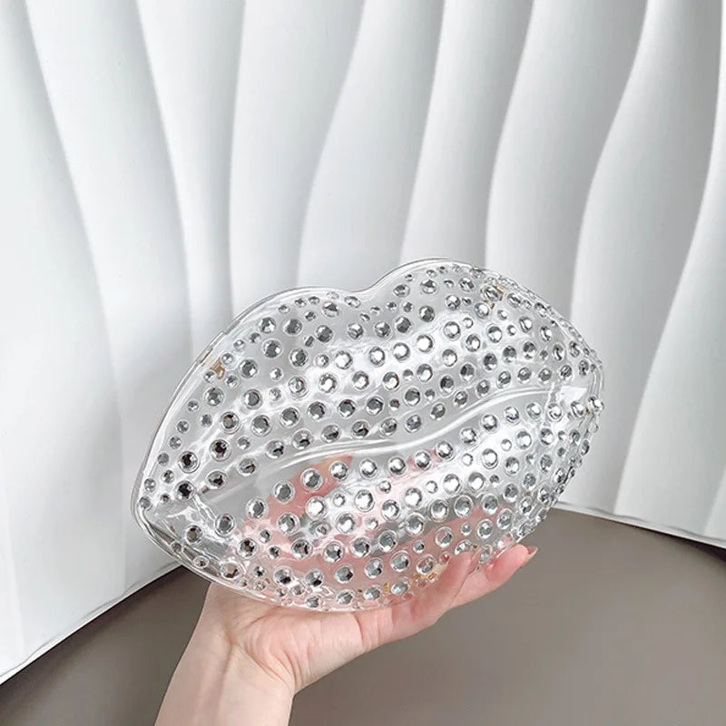 Lip Shape Rhinestones Clutch Bag Clear Acrylic Kiss Purse Luxury Diamond Women Wedding Evening Party Chain Crossbody Handbag | HollandLuxeGlobal.com Exclusive Collector’s Item