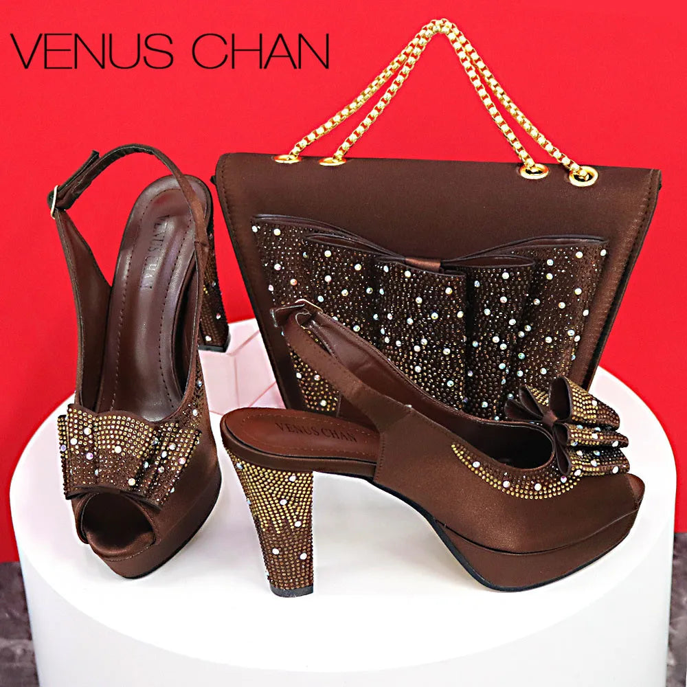 High Quality Thin Heels Rhinestones Design Fish Beaked Toe Cap Ladies Sandals with Bag Set in Pink Color For Party | HollandLuxeGlobal.com Exclusive Collector’s Item