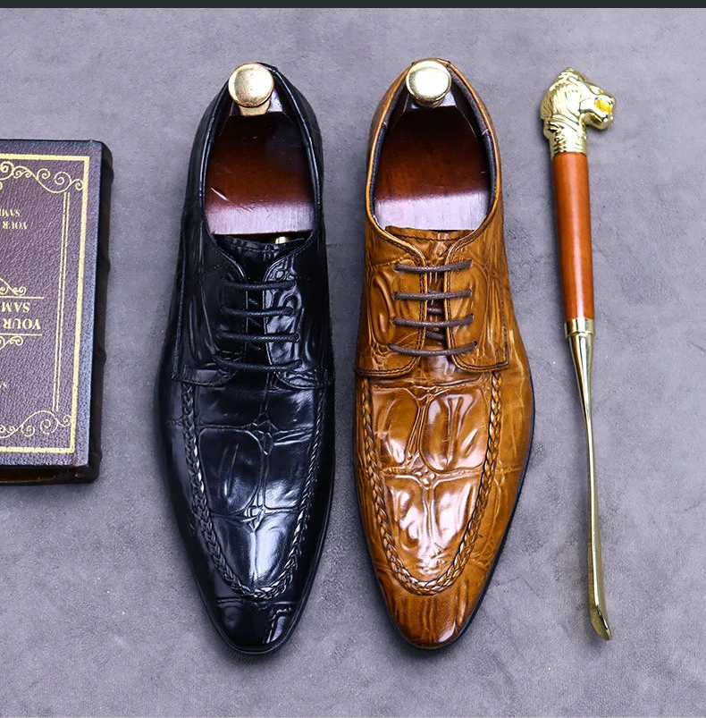 Elevate your style with the Luxury Crocodile Pattern Men’s Dress Shoes, part of the Hollandluxeglobal.com Exclusive Collection.
	•	Material: Premium genuine leather with elegant crocodile embossing