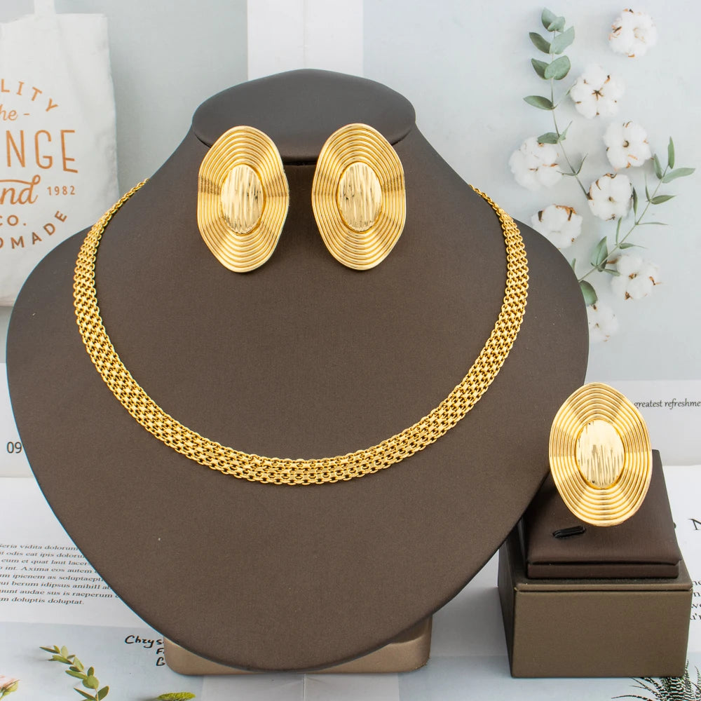 Shine with timeless elegance in this Trend Gold Color Jewelry Set, a hollandluxeglobal.com bestseller designed for the modern woman. Featuring Italian-inspired craftsmanship with a bold African Dubai classic style