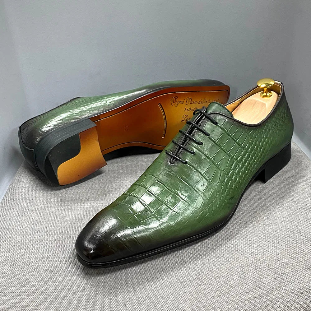 Holland Luxe Global Exclusive – Italian Fashion Oxford Shoes for Men | Genuine Cow Leather Crocodile Lace-Up Formal Dress Shoes