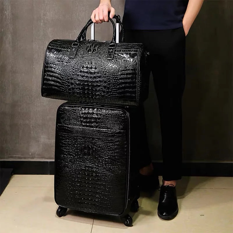 Travel in style with this Exclusive HollandLuxeGlobal.com Premium Collectors’ Item. Handcrafted from 100% genuine head-layer cowhide leather with a refined crocodile pattern finish, this luxury set blends durability, sophis