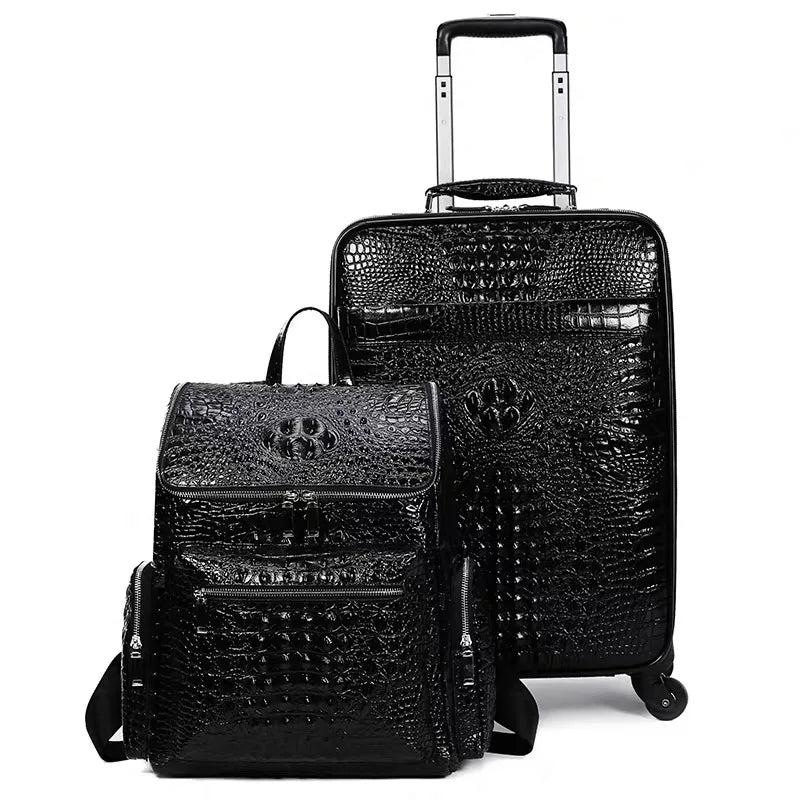 Travel in style with this Exclusive HollandLuxeGlobal.com Premium Collectors’ Item. Handcrafted from 100% genuine head-layer cowhide leather with a refined crocodile pattern finish, this luxury set blends durability, sophis