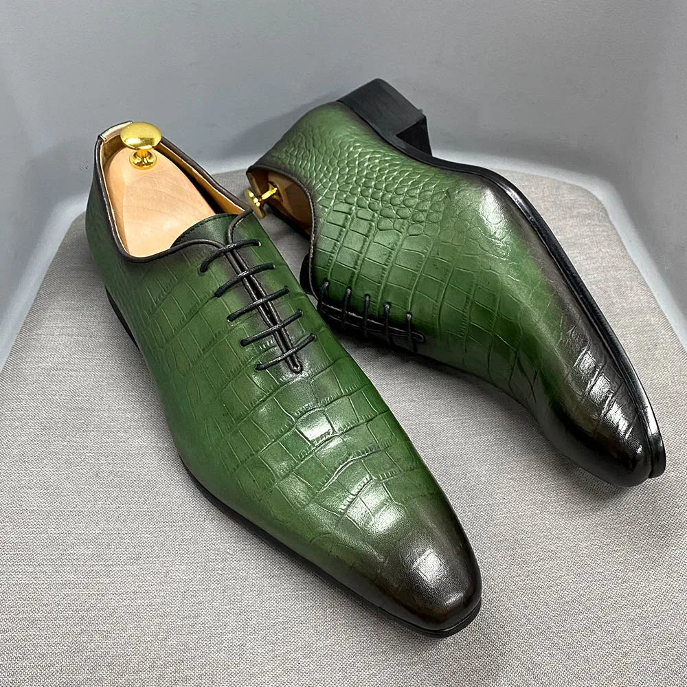 Holland Luxe Global Exclusive – Italian Fashion Oxford Shoes for Men | Genuine Cow Leather Crocodile Lace-Up Formal Dress Shoes