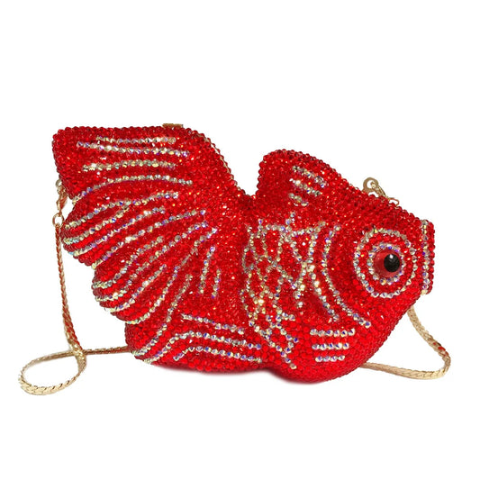 Red Goldfish Rhinestone Cartoon Animal Diamond Dinner Bag Handmade Crystal Women’s Hard Clutch | HollandLuxeGlobal.com Exclusive Collector’s Item