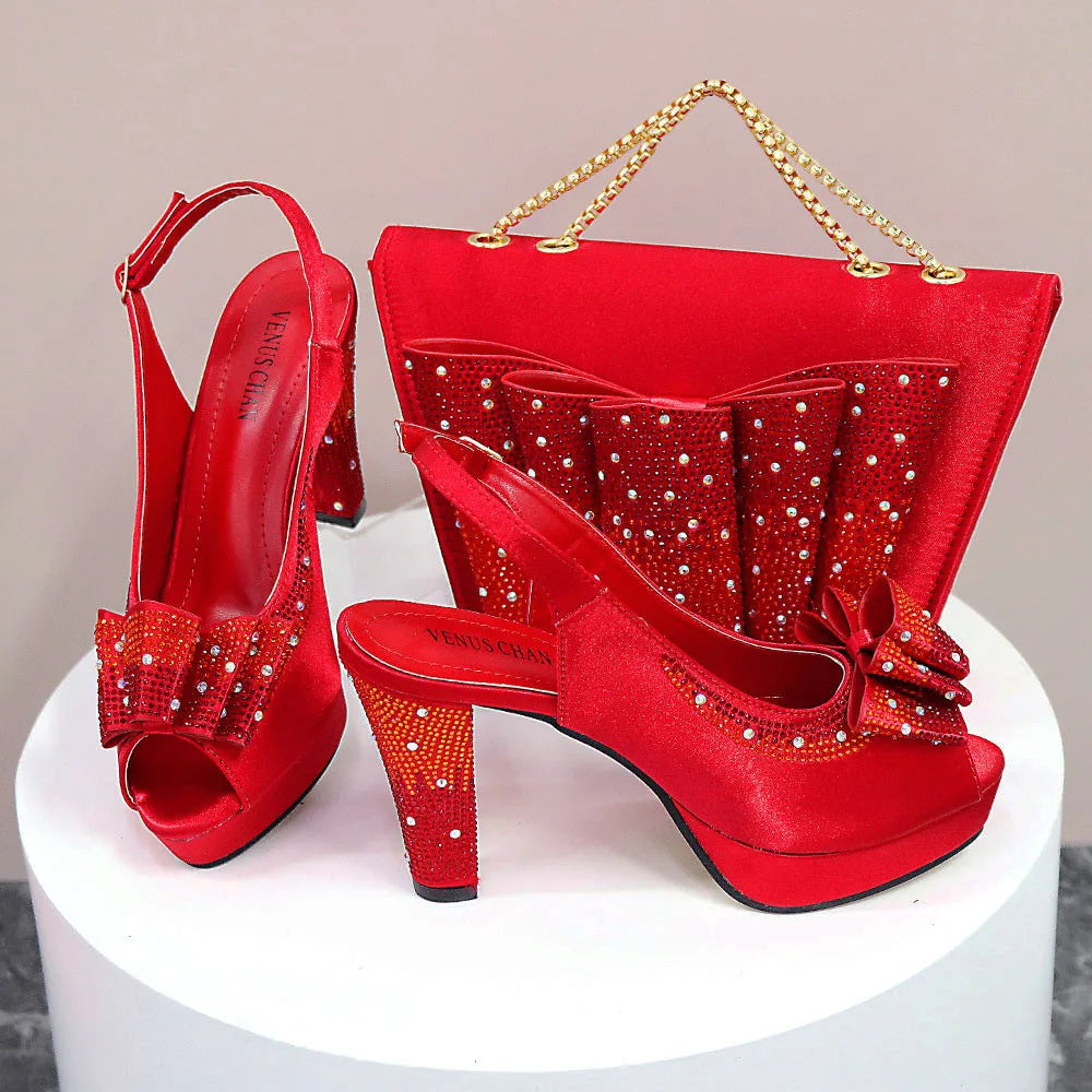 High Quality Thin Heels Rhinestones Design Fish Beaked Toe Cap Ladies Sandals with Bag Set in Pink Color For Party | HollandLuxeGlobal.com Exclusive Collector’s Item