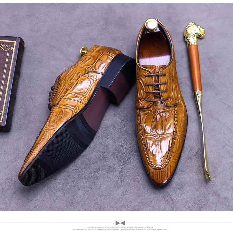 Elevate your style with the Luxury Crocodile Pattern Men’s Dress Shoes, part of the Hollandluxeglobal.com Exclusive Collection.
	•	Material: Premium genuine leather with elegant crocodile embossing