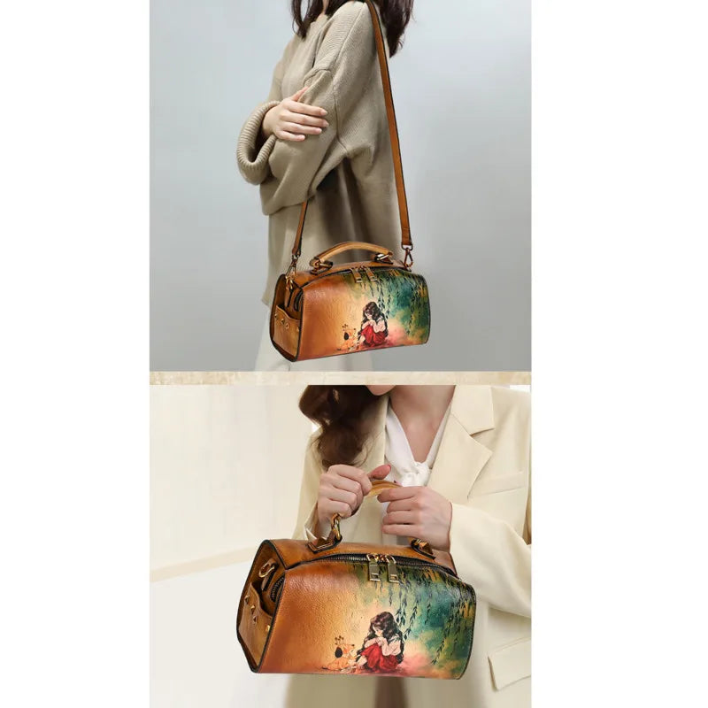 2025 Retro Hand-Drawn Leather Women’s Shoulder Bag – Luxury Designer Handcrafted Vintage Tote for Elegant Ladies | HollandLuxeGlobal.com Exclusive Collector’s Item