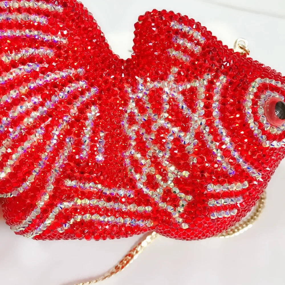 Red Goldfish Rhinestone Cartoon Animal Diamond Dinner Bag Handmade Crystal Women’s Hard Clutch | HollandLuxeGlobal.com Exclusive Collector’s Item