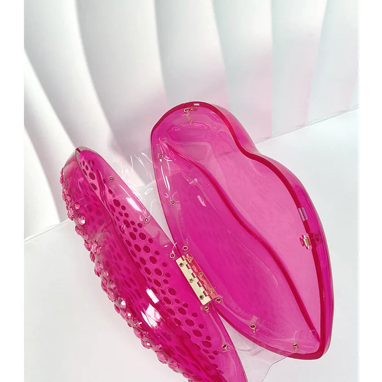 Lip Shape Rhinestones Clutch Bag Clear Acrylic Kiss Purse Luxury Diamond Women Wedding Evening Party Chain Crossbody Handbag | HollandLuxeGlobal.com Exclusive Collector’s Item