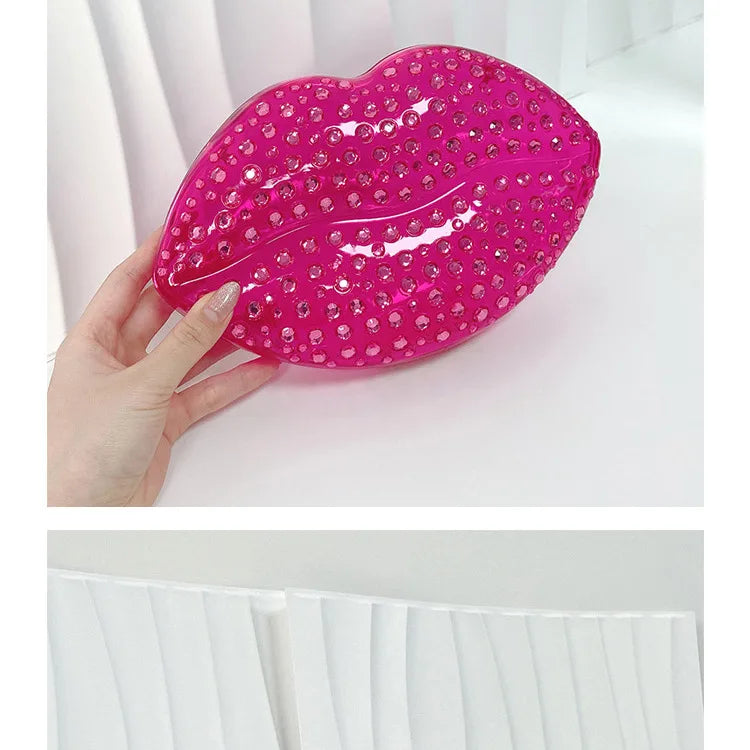 Lip Shape Rhinestones Clutch Bag Clear Acrylic Kiss Purse Luxury Diamond Women Wedding Evening Party Chain Crossbody Handbag | HollandLuxeGlobal.com Exclusive Collector’s Item