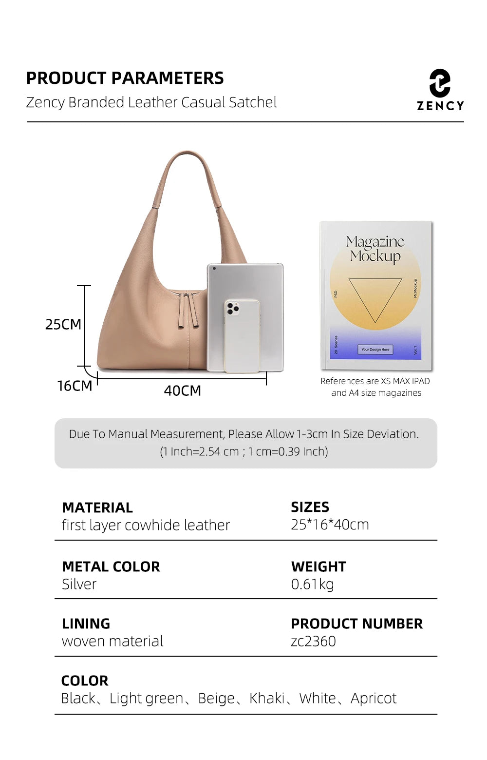 Stay stylish and organized with the Zency Large-Capacity Tote Bag, crafted from 100% genuine leather. A soft and elegant hobo-style handbag perfect for work, shopping, or winter outings — ideal for modern women