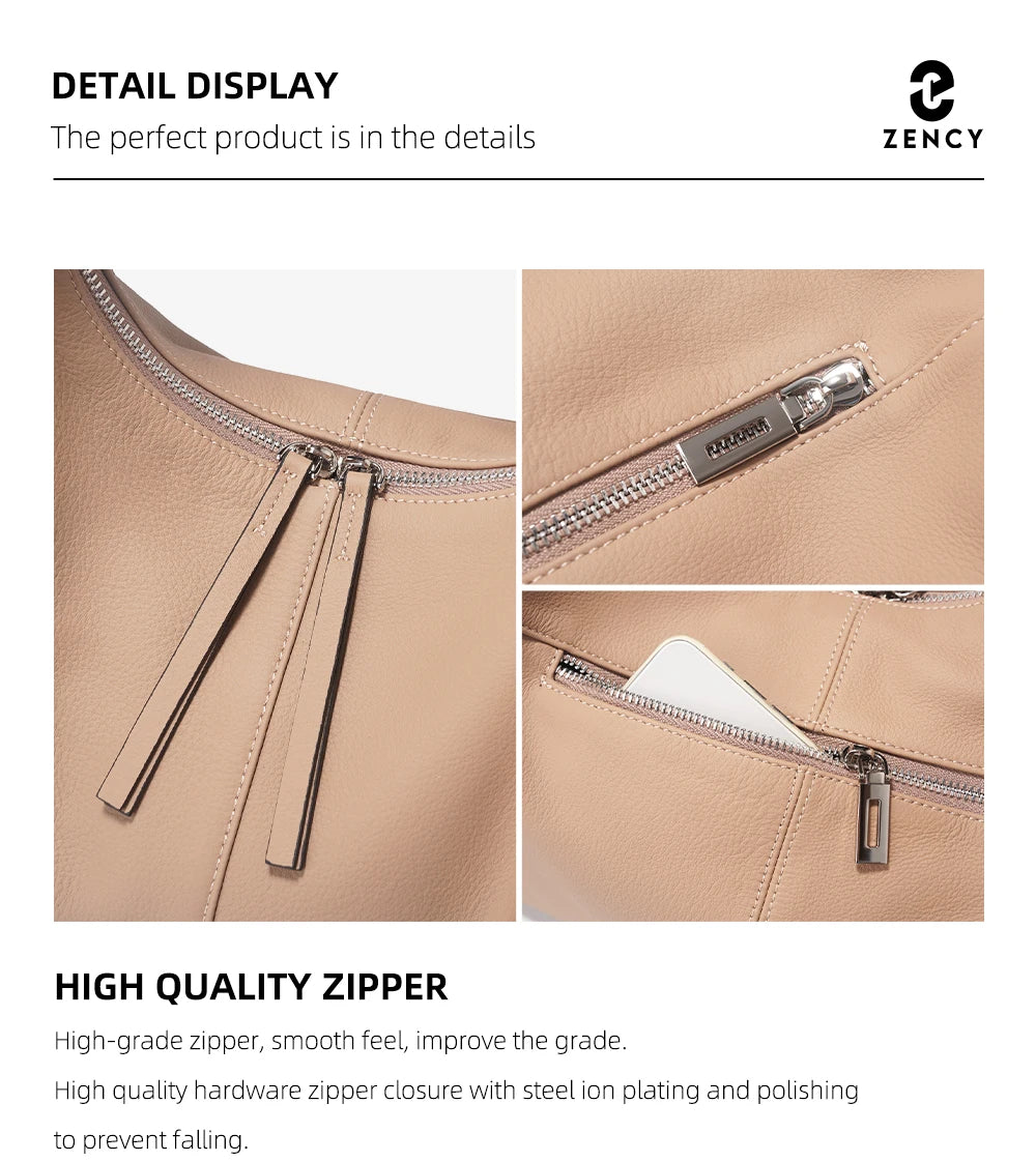 Stay stylish and organized with the Zency Large-Capacity Tote Bag, crafted from 100% genuine leather. A soft and elegant hobo-style handbag perfect for work, shopping, or winter outings — ideal for modern women