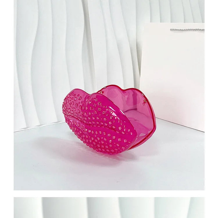 Lip Shape Rhinestones Clutch Bag Clear Acrylic Kiss Purse Luxury Diamond Women Wedding Evening Party Chain Crossbody Handbag | HollandLuxeGlobal.com Exclusive Collector’s Item
