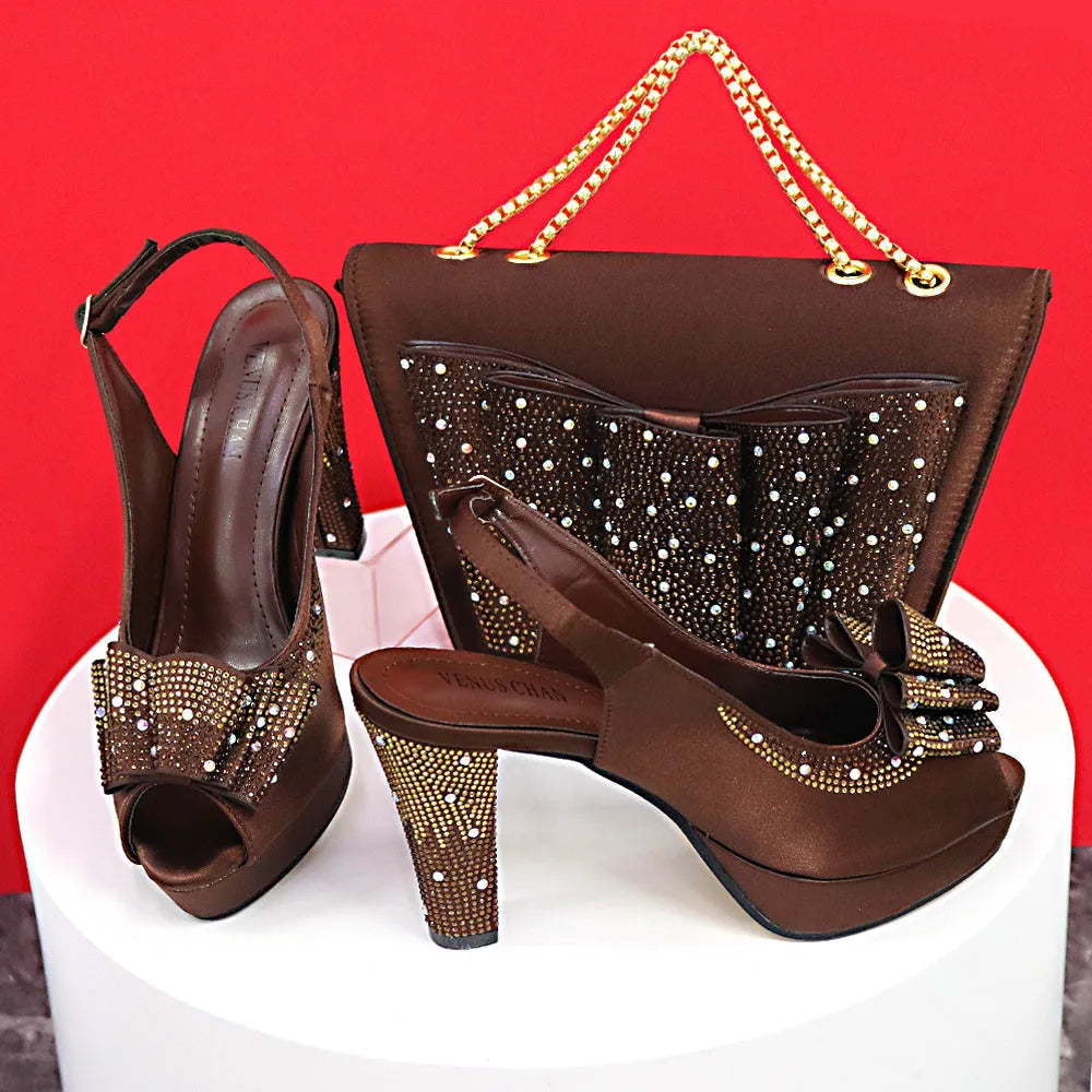 High Quality Thin Heels Rhinestones Design Fish Beaked Toe Cap Ladies Sandals with Bag Set in Pink Color For Party | HollandLuxeGlobal.com Exclusive Collector’s Item