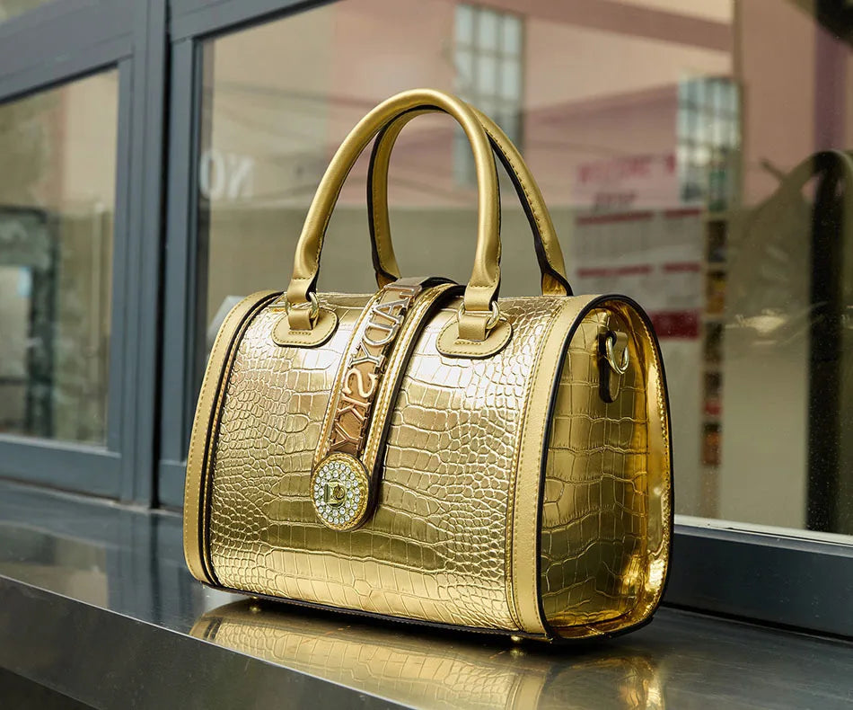 Crocodile Embossed Boston Handbag – High Quality Leather Shoulder & Crossbody Bag with Letter Decoration and Top Handle | HollandLuxeGlobal.com Exclusive Collector’s Item