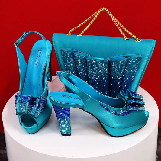 High Quality Thin Heels Rhinestones Design Fish Beaked Toe Cap Ladies Sandals with Bag Set in Pink Color For Party | HollandLuxeGlobal.com Exclusive Collector’s Item