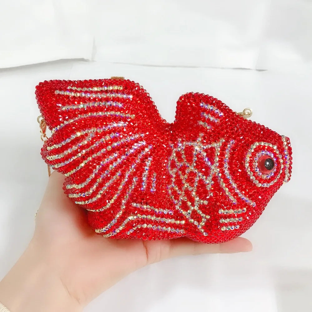 Red Goldfish Rhinestone Cartoon Animal Diamond Dinner Bag Handmade Crystal Women’s Hard Clutch | HollandLuxeGlobal.com Exclusive Collector’s Item
