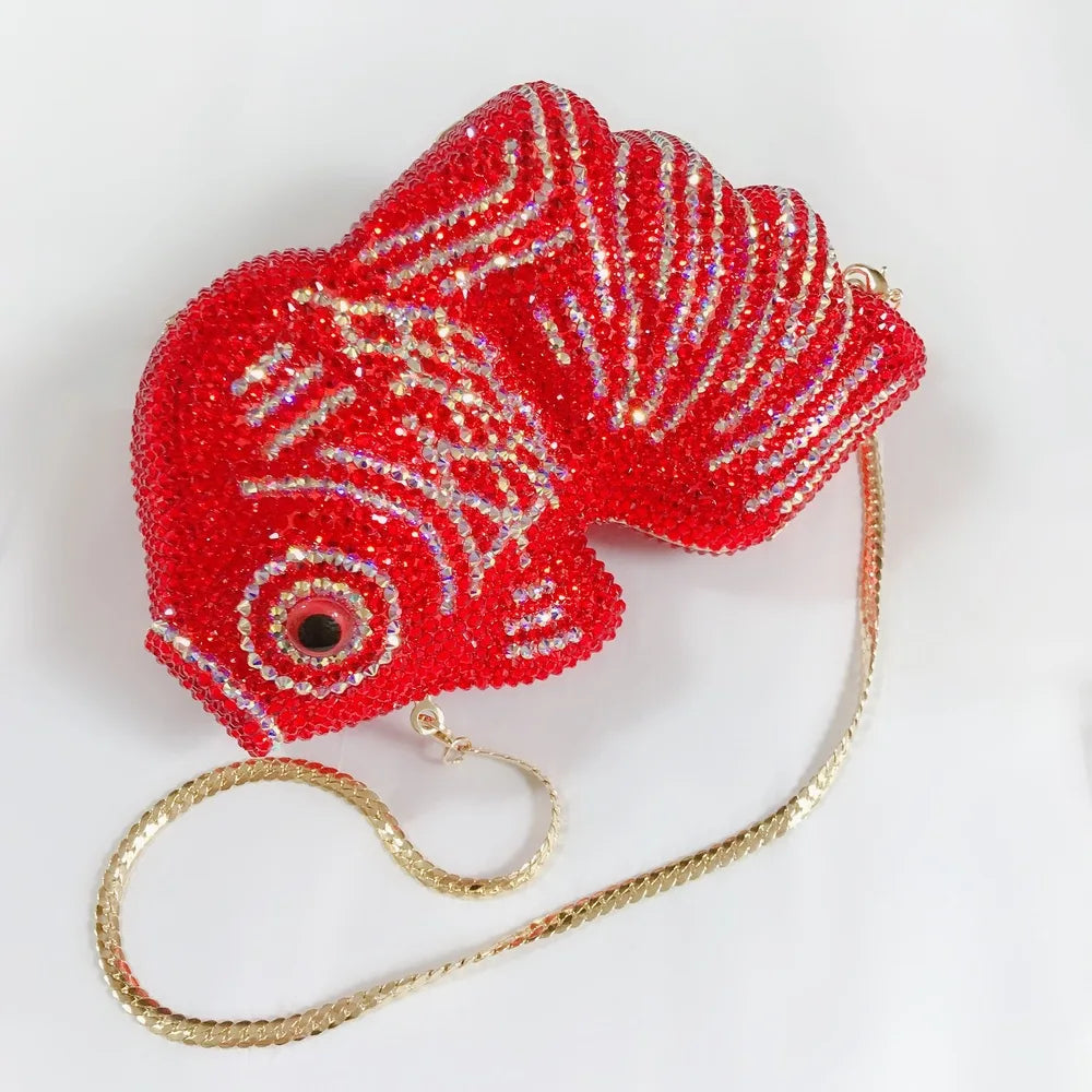 Red Goldfish Rhinestone Cartoon Animal Diamond Dinner Bag Handmade Crystal Women’s Hard Clutch | HollandLuxeGlobal.com Exclusive Collector’s Item