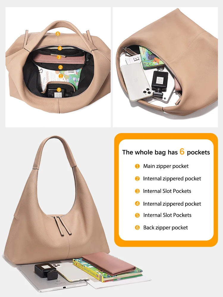 Stay stylish and organized with the Zency Large-Capacity Tote Bag, crafted from 100% genuine leather. A soft and elegant hobo-style handbag perfect for work, shopping, or winter outings — ideal for modern women