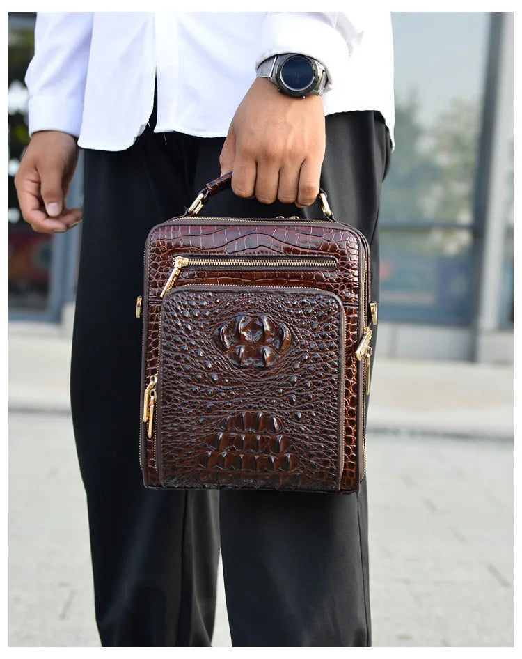 Crocodile Pattern Men’s Business Shoulder Messenger Bag – Genuine Cowhide Leather Vertical Tote & Small Briefcase | HollandLuxeGlobal.com Exclusive Collector’s Item