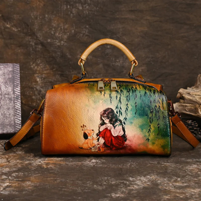 2025 Retro Hand-Drawn Leather Women’s Shoulder Bag – Luxury Designer Handcrafted Vintage Tote for Elegant Ladies | HollandLuxeGlobal.com Exclusive Collector’s Item