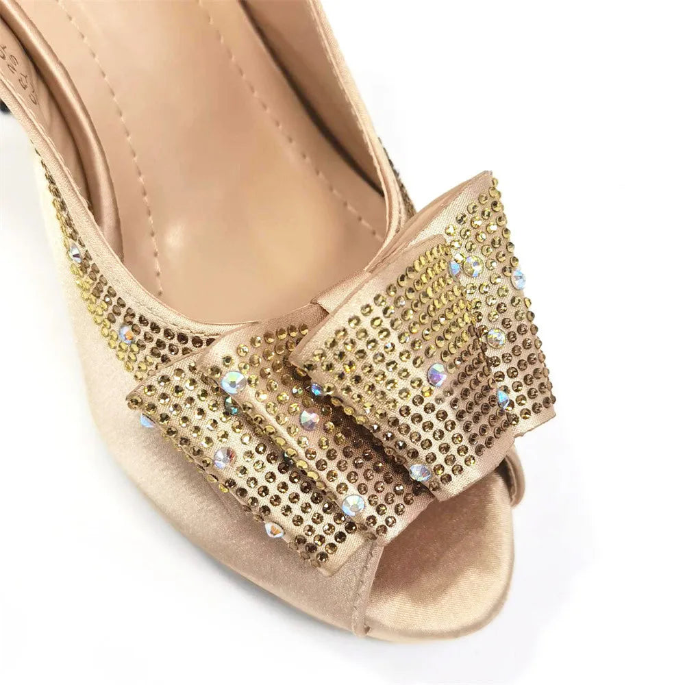 High Quality Thin Heels Rhinestones Design Fish Beaked Toe Cap Ladies Sandals with Bag Set in Pink Color For Party | HollandLuxeGlobal.com Exclusive Collector’s Item
