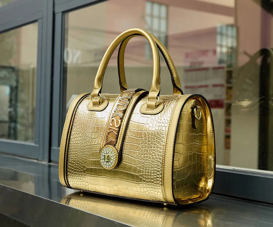 Crocodile Embossed Boston Handbag – High Quality Leather Shoulder & Crossbody Bag with Letter Decoration and Top Handle | HollandLuxeGlobal.com Exclusive Collector’s Item