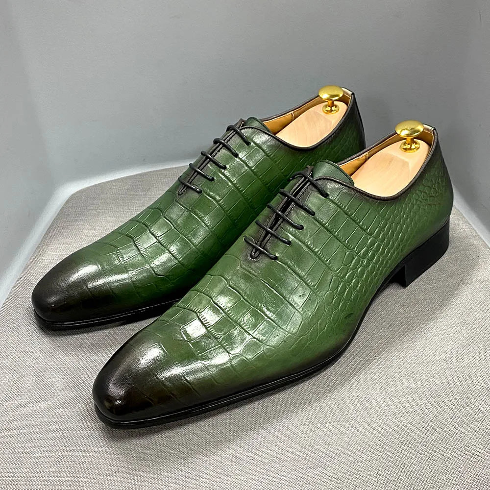 Holland Luxe Global Exclusive – Italian Fashion Oxford Shoes for Men | Genuine Cow Leather Crocodile Lace-Up Formal Dress Shoes