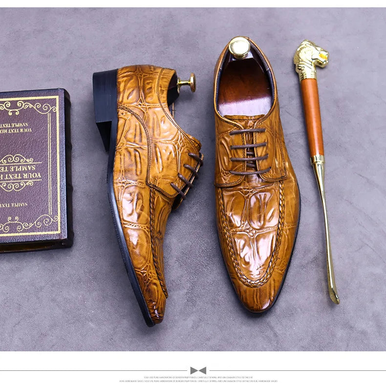 Elevate your style with the Luxury Crocodile Pattern Men’s Dress Shoes, part of the Hollandluxeglobal.com Exclusive Collection.
	•	Material: Premium genuine leather with elegant crocodile embossing