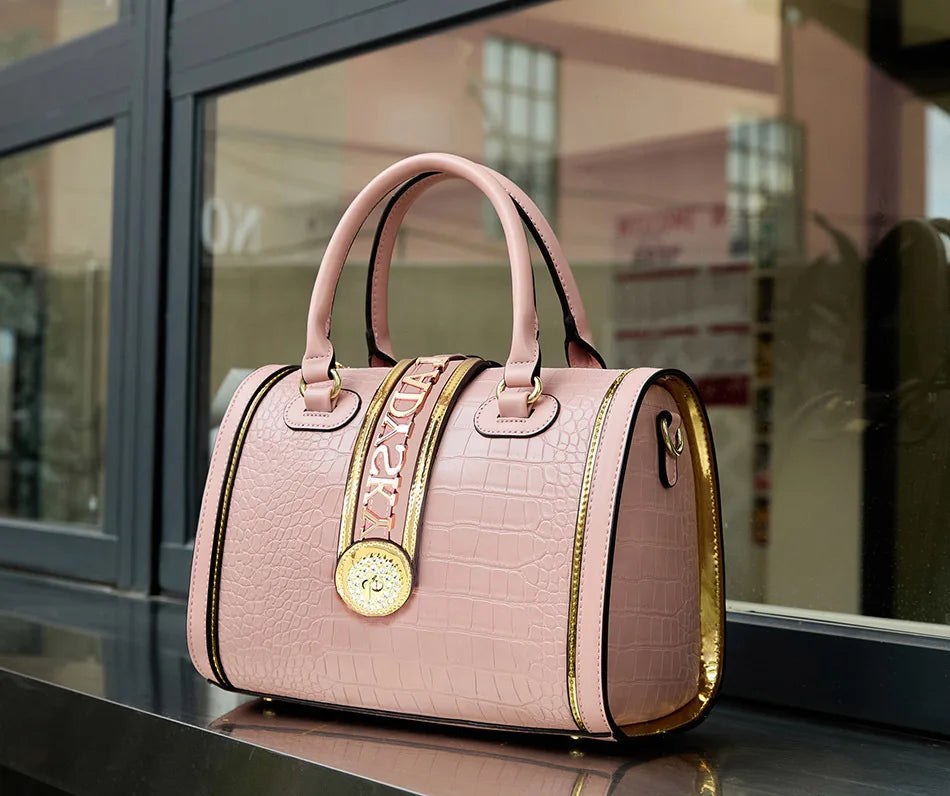 Crocodile Embossed Boston Handbag – High Quality Leather Shoulder & Crossbody Bag with Letter Decoration and Top Handle | HollandLuxeGlobal.com Exclusive Collector’s Item