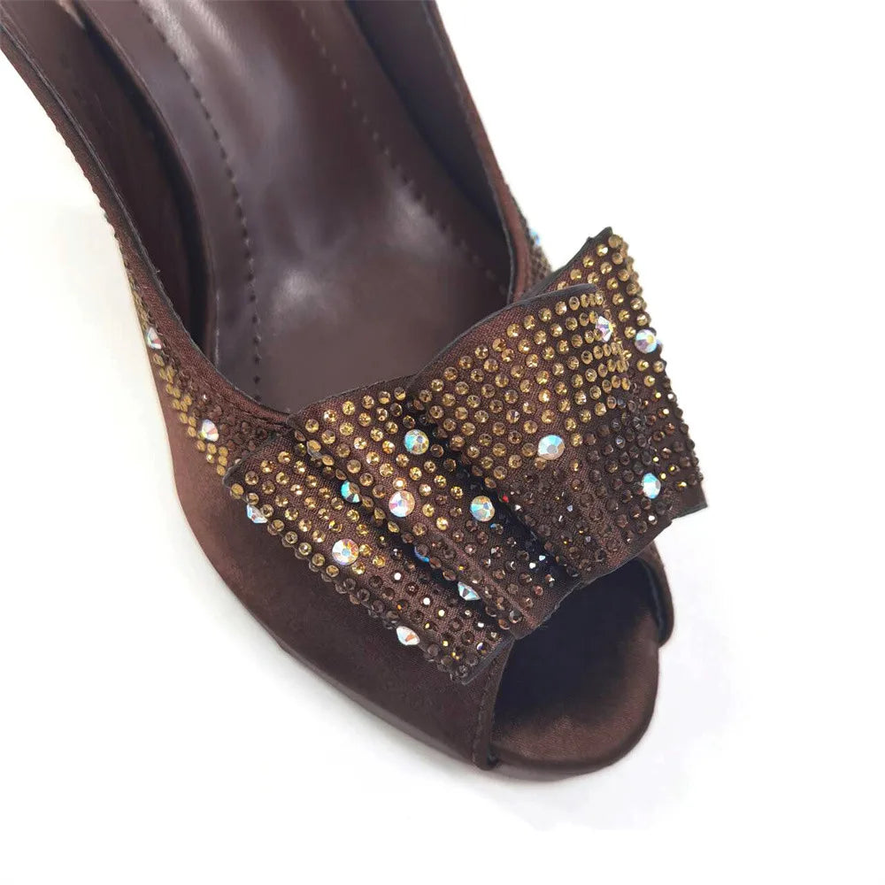 High Quality Thin Heels Rhinestones Design Fish Beaked Toe Cap Ladies Sandals with Bag Set in Pink Color For Party | HollandLuxeGlobal.com Exclusive Collector’s Item