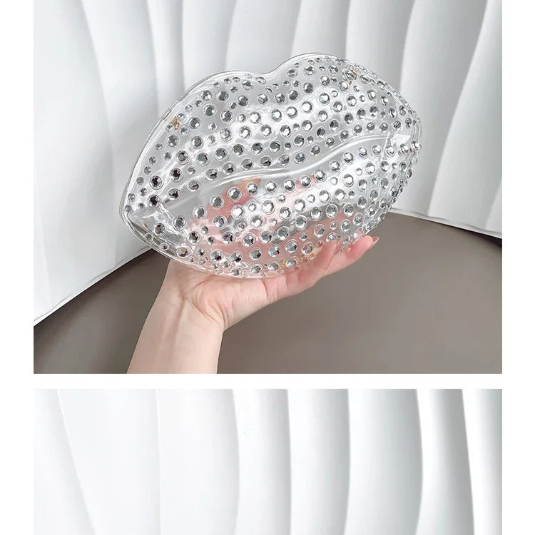 Lip Shape Rhinestones Clutch Bag Clear Acrylic Kiss Purse Luxury Diamond Women Wedding Evening Party Chain Crossbody Handbag | HollandLuxeGlobal.com Exclusive Collector’s Item