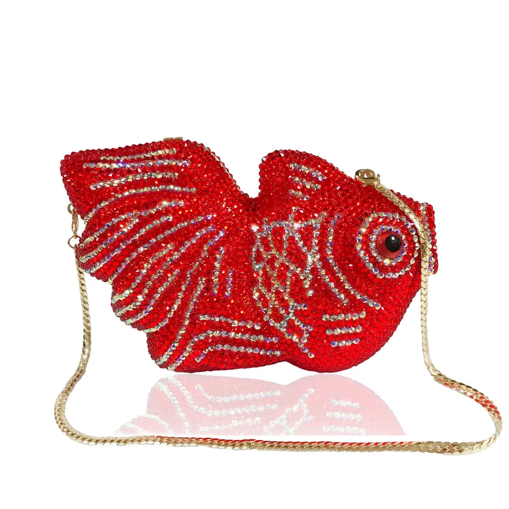 Red Goldfish Rhinestone Cartoon Animal Diamond Dinner Bag Handmade Crystal Women’s Hard Clutch | HollandLuxeGlobal.com Exclusive Collector’s Item