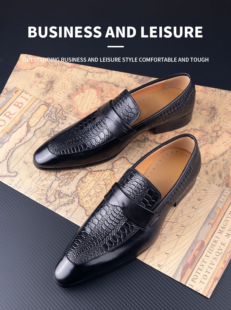 Genuine Leather British-Style Men’s Dress Shoes – Handmade Black Slip-On Pointed-Toe Formal and Casual Business Party Shoes with Refined Elegance and Classic Suit Versatility | HollandLuxeGlobal.com Exclusive Collector’