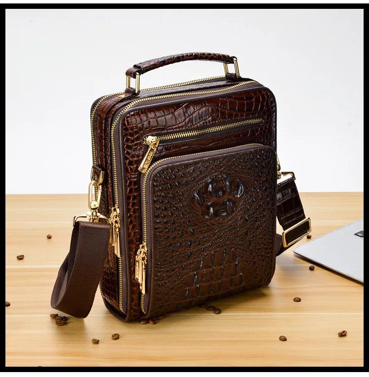 Crocodile Pattern Men’s Business Shoulder Messenger Bag – Genuine Cowhide Leather Vertical Tote & Small Briefcase | HollandLuxeGlobal.com Exclusive Collector’s Item