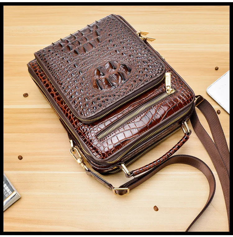 Crocodile Pattern Men’s Business Shoulder Messenger Bag – Genuine Cowhide Leather Vertical Tote & Small Briefcase | HollandLuxeGlobal.com Exclusive Collector’s Item