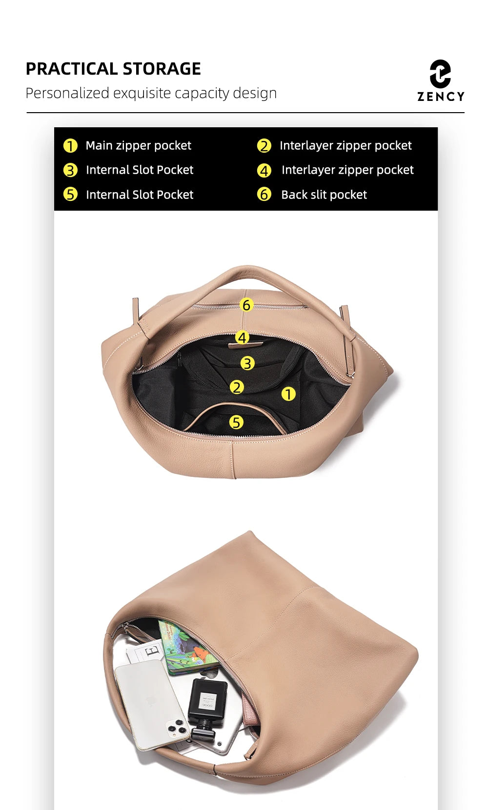 Stay stylish and organized with the Zency Large-Capacity Tote Bag, crafted from 100% genuine leather. A soft and elegant hobo-style handbag perfect for work, shopping, or winter outings — ideal for modern women