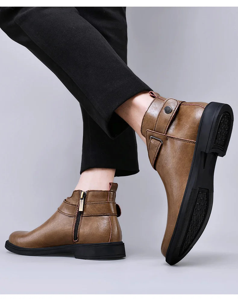 Italian Men’s Classic Genuine Leather Ankle Boots | Luxury High-Top Designer Fashion Boots with Anti-Skid Sole for Outdoor & Casual Wear | HollandLuxeGlobal.com Exclusive Collector’s Item