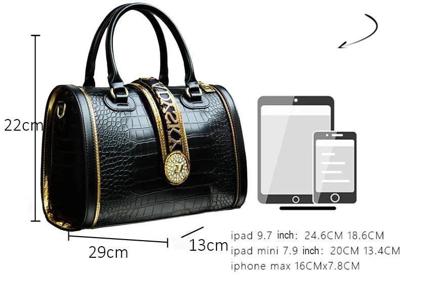 Crocodile Embossed Boston Handbag – High Quality Leather Shoulder & Crossbody Bag with Letter Decoration and Top Handle | HollandLuxeGlobal.com Exclusive Collector’s Item