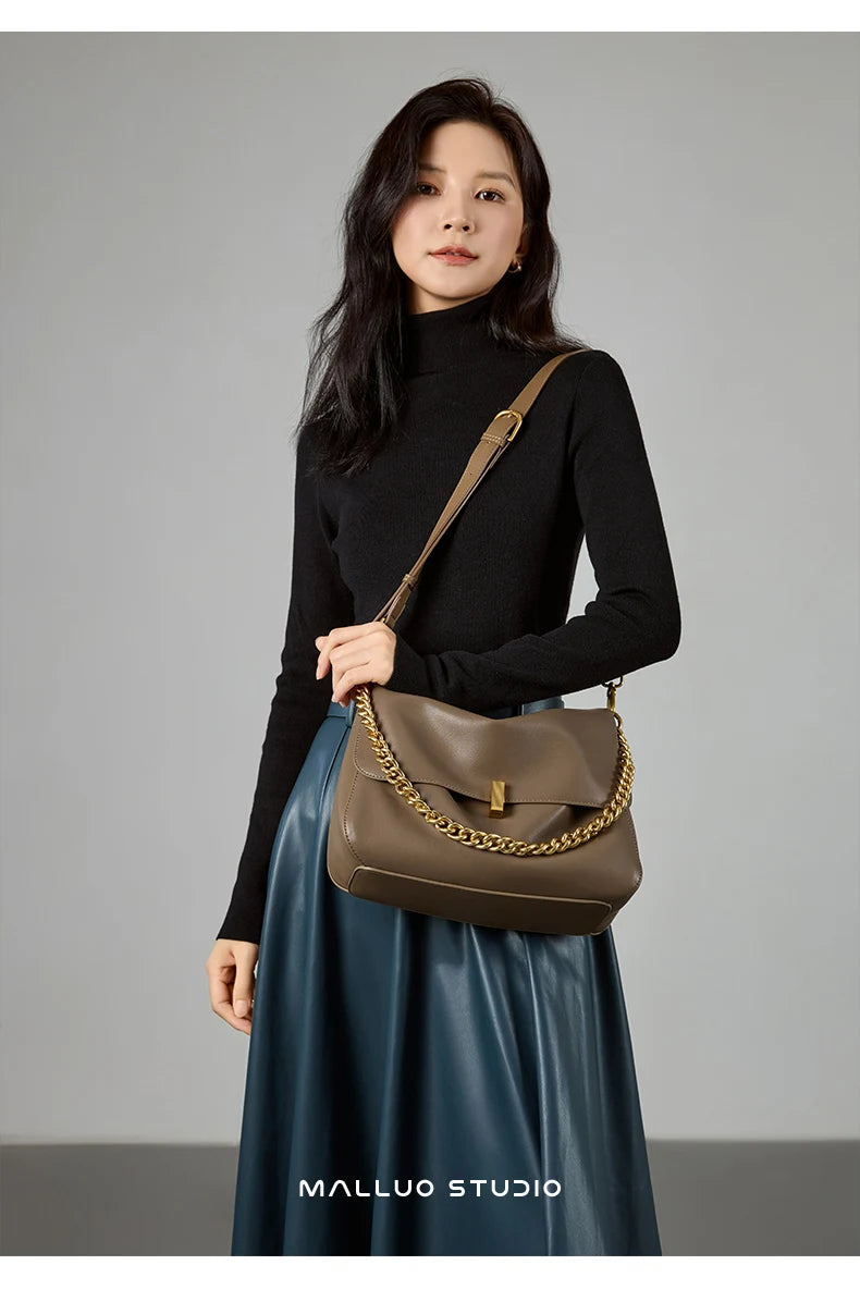 Women’s Large Korean Genuine Cow Leather Flap Shoulder Chain Bag | Luxury Solid Leather Crossbody Handbag & Messenger Purse | HollandLuxeGlobal.com Exclusive Collector’s Item”