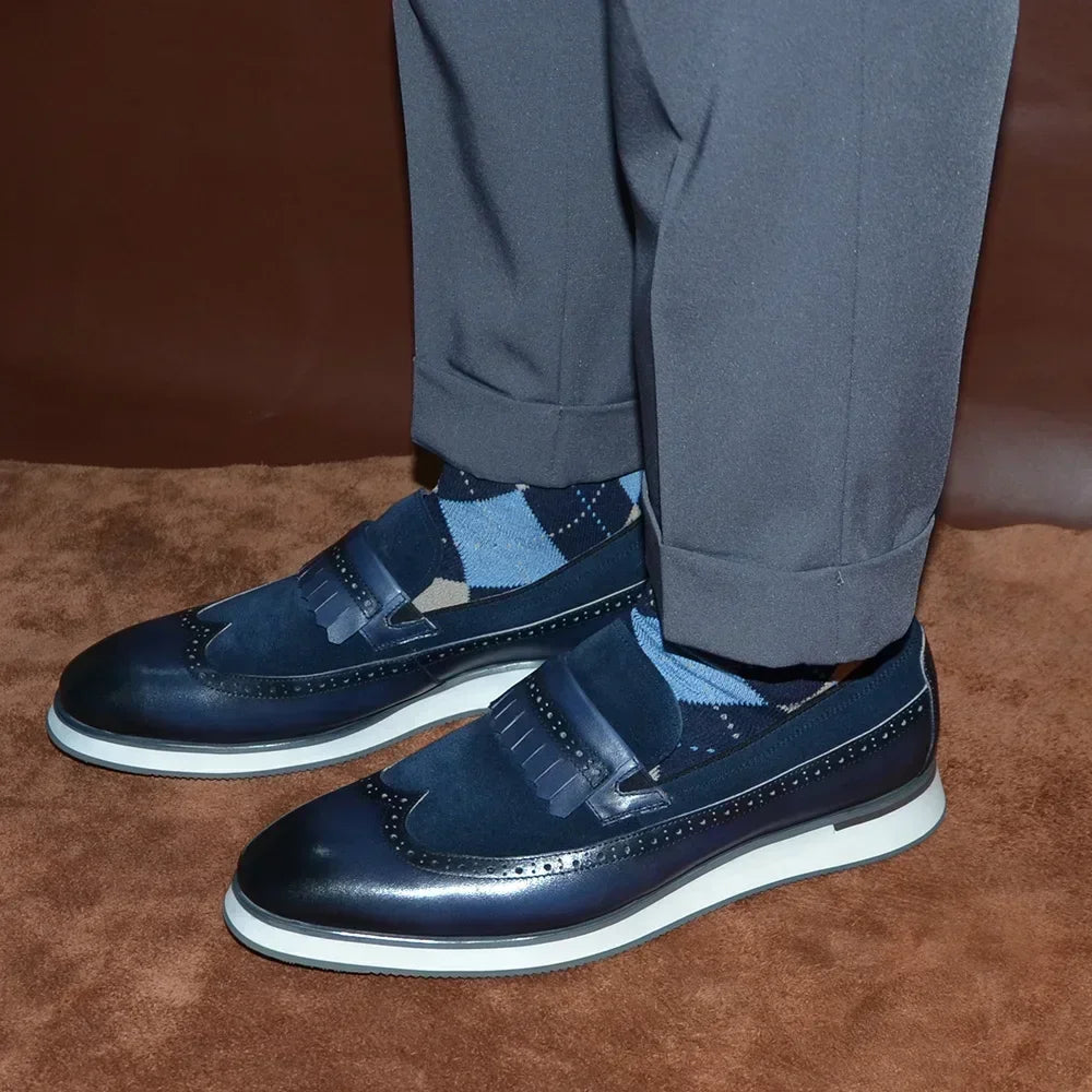 1.	HollandLuxe Exclusive – European Cow Suede Leather Wingtip Loafers
	2.	Luxury Men’s Sneakers-Loafers – Genuine Leather with Tassel Detail
	3.	Collector’s Edition Suede Wingtip Slip-On – Business & Casual Elegance