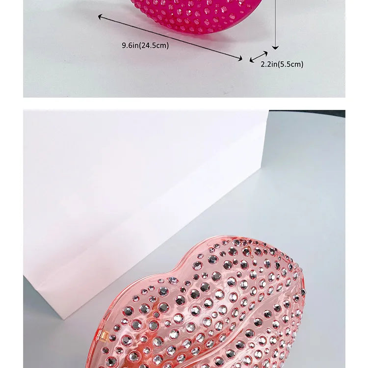 Lip Shape Rhinestones Clutch Bag Clear Acrylic Kiss Purse Luxury Diamond Women Wedding Evening Party Chain Crossbody Handbag | HollandLuxeGlobal.com Exclusive Collector’s Item