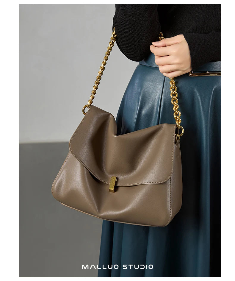 Women’s Large Korean Genuine Cow Leather Flap Shoulder Chain Bag | Luxury Solid Leather Crossbody Handbag & Messenger Purse | HollandLuxeGlobal.com Exclusive Collector’s Item”