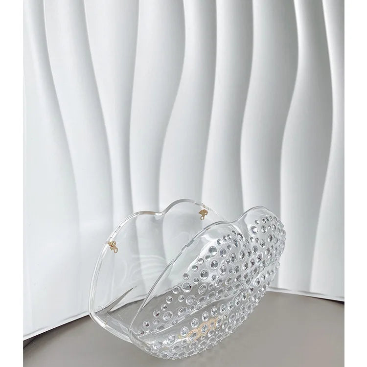 Lip Shape Rhinestones Clutch Bag Clear Acrylic Kiss Purse Luxury Diamond Women Wedding Evening Party Chain Crossbody Handbag | HollandLuxeGlobal.com Exclusive Collector’s Item