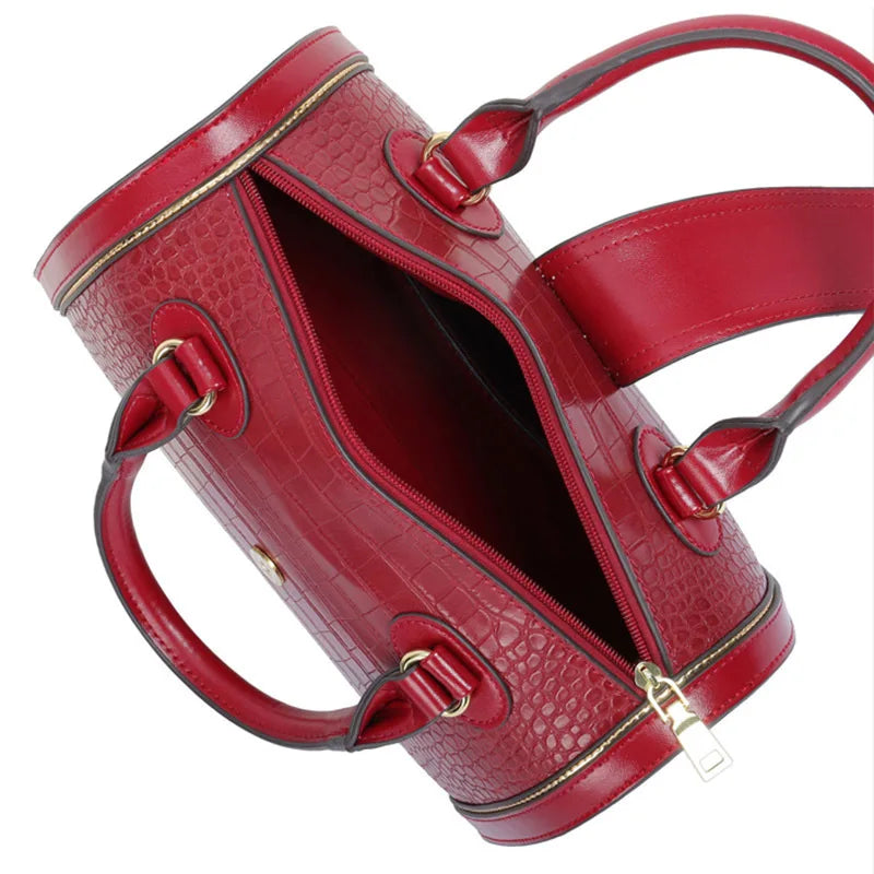 Crocodile Embossed Boston Handbag – High Quality Leather Shoulder & Crossbody Bag with Letter Decoration and Top Handle | HollandLuxeGlobal.com Exclusive Collector’s Item