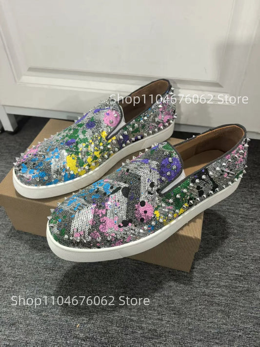 Exclusive to hollandluxeglobal.com, these Men’s Sparkly Sequined Slip-On Sneakers are a true Premium Collector’s Item. Featuring a glittering sequined upper, rivet-studded details, and a comfortable slip-on fit